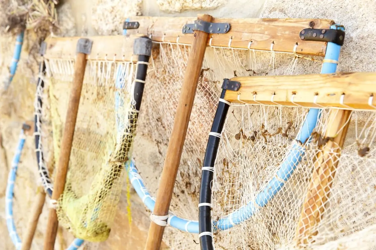 Close-up of several fishing nets with wooden handles and blue-rimmed hoops hanging on a stone wall. The nets are weathered and vary in size, suggesting frequent use. The backdrop is a textured stone surface.
